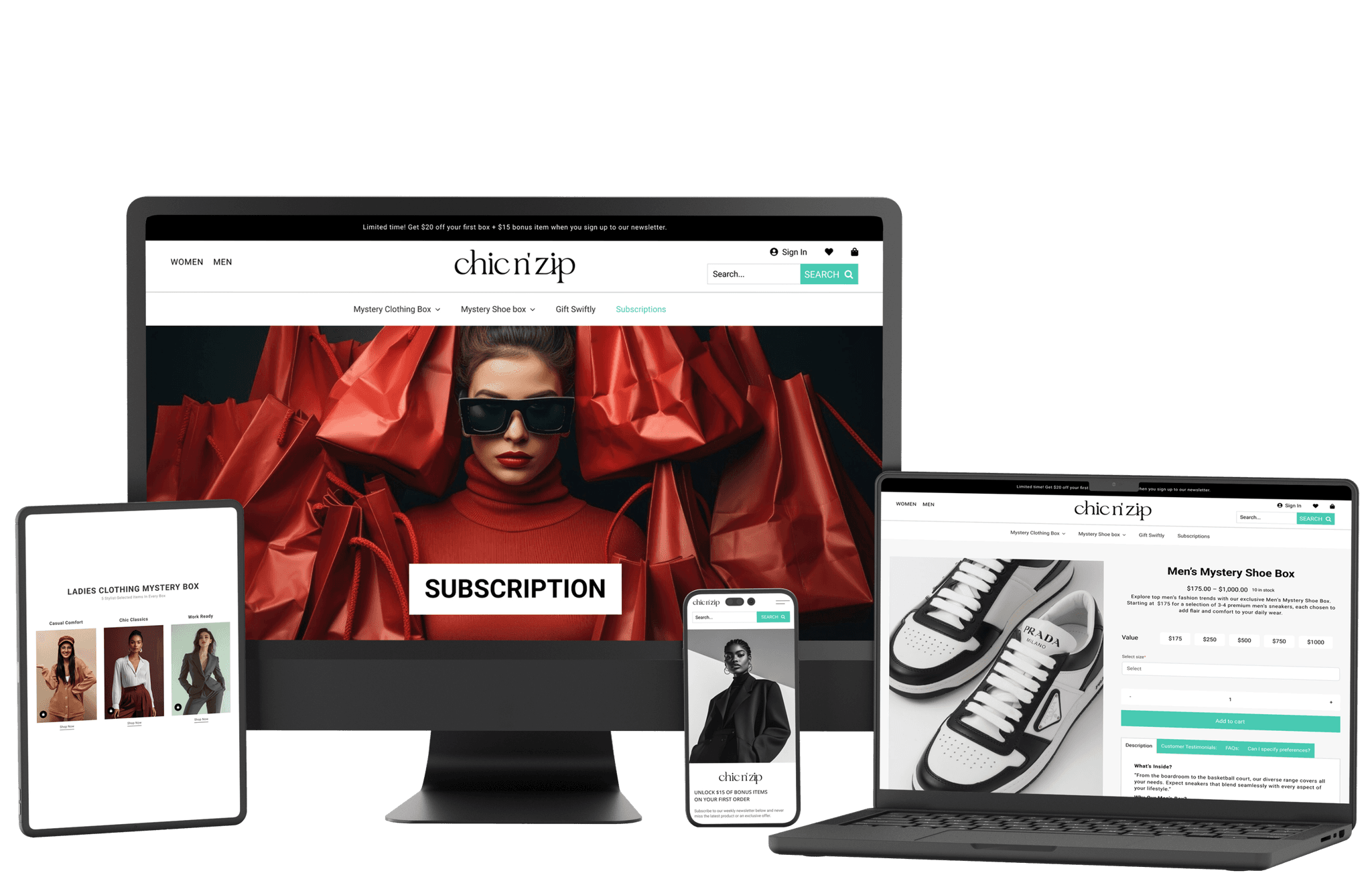 Responsive device mockups showing Chic n Zip website